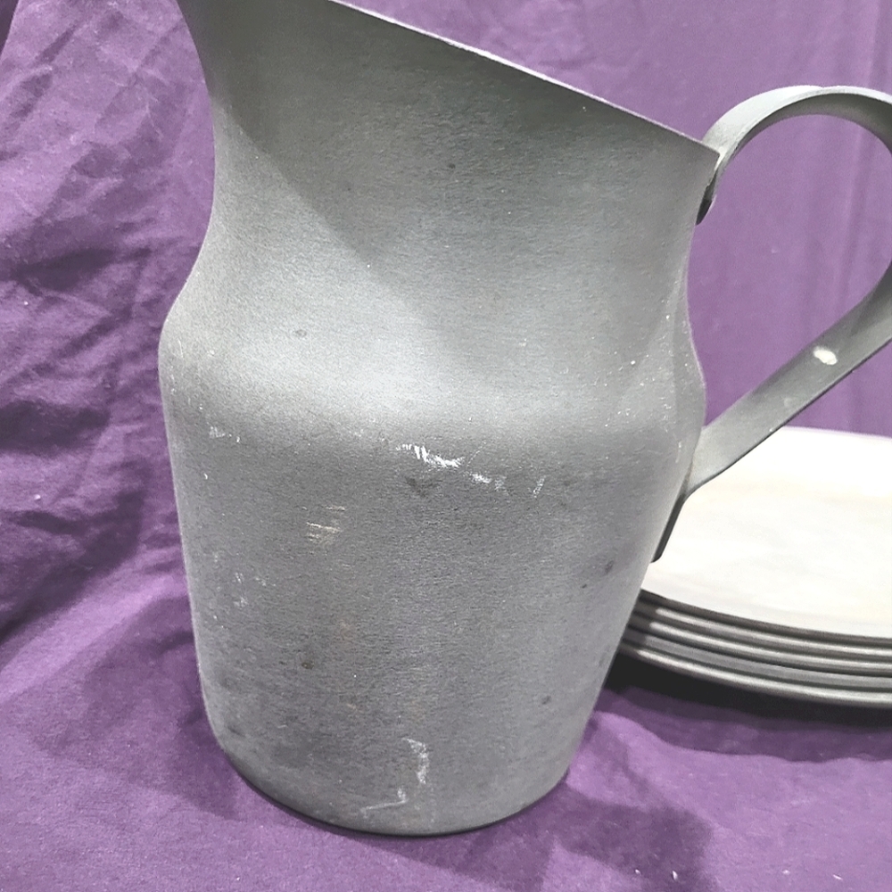 Vintage aluminum water pitcher & 4 oval pewter steak plates
